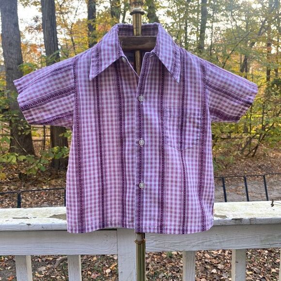 Vintage 70s Garanimals Toddler Purple Check Button Up - Picture 2 of 6